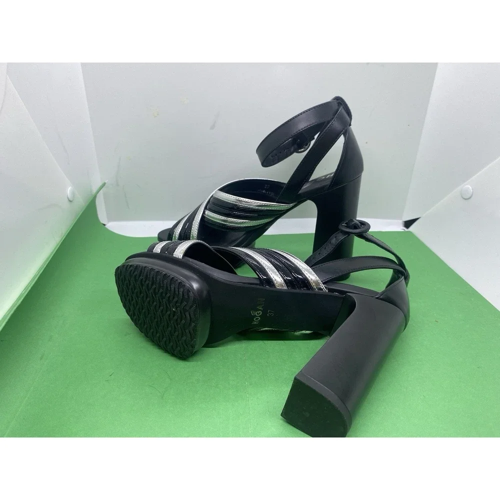 Hogan Black/white Leather Ankle Strap Sandal Heels w/ 1